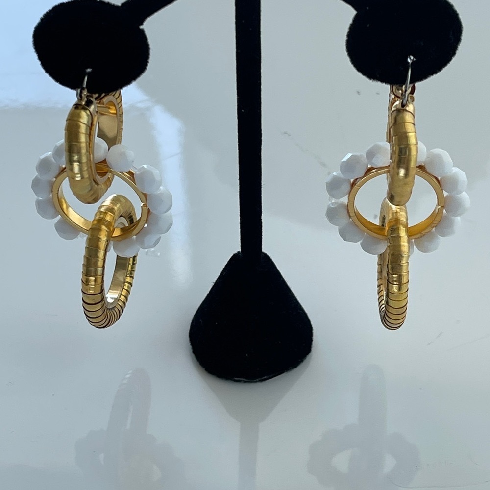 Gold Hoop Earrings White Faceted Beads